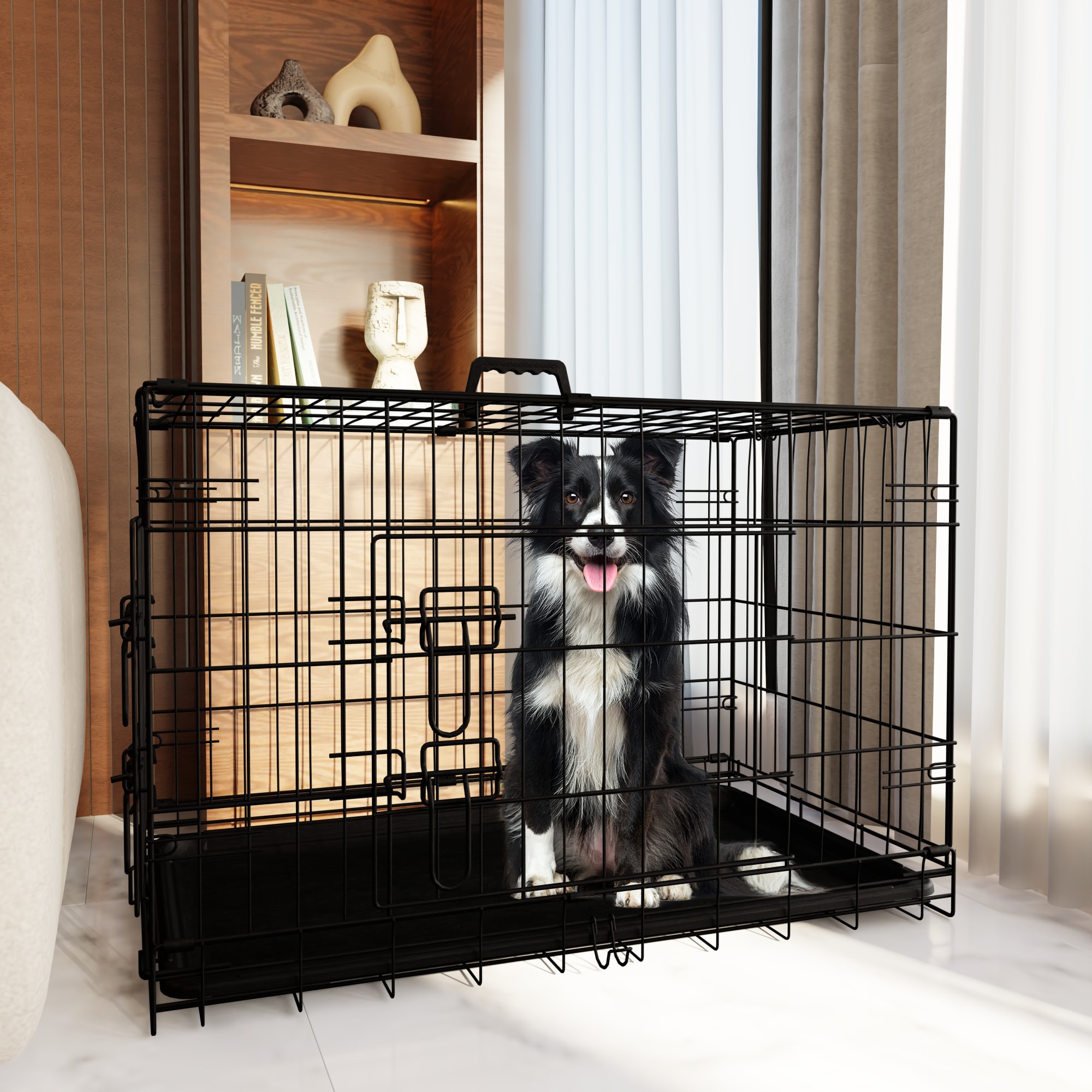 Dog Crate, 42 Inch Large Dog Cage With Divider And Plastic Leak-Proof Pan Tray, Double Door Folding Metal Wire Cage For Indoor, Outdoor, And Travel, Made In Vietnam_voghion.com
